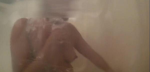  Poompoom couple flashing her puffy brown Latina nipples in the bathroom